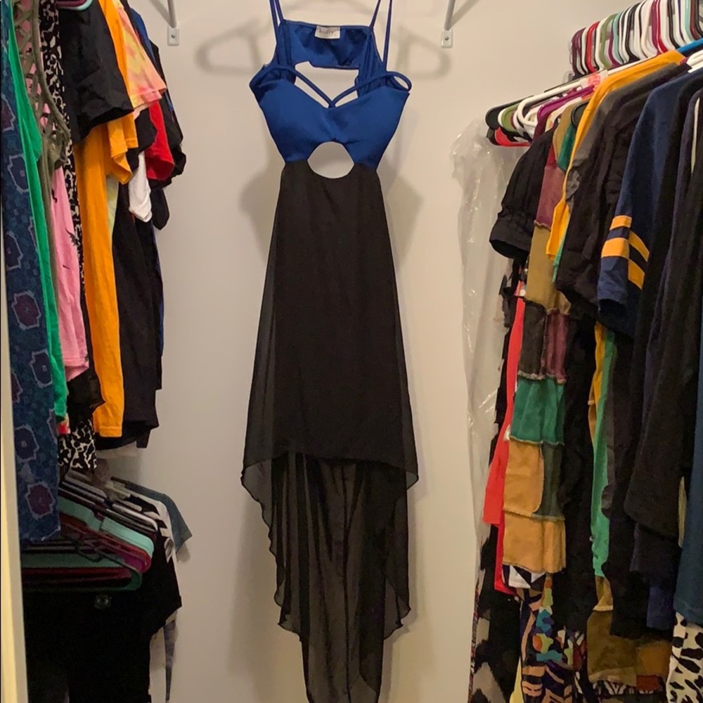 Blue and Black Poetry Cut Out High Low Dress